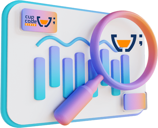 Ilustração 3D de uma lupa sobreposta a um gráfico de barras com o logotipo da Cupcode Civic, simbolizando a análise de dados e a inteligência de mercado. A imagem destaca a importância das decisões baseadas em dados no contexto da estratégia e consultoria oferecidas pela Cupcode Civic.