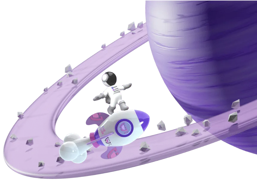Astronauta navegando em cima de um foguete com a logo da cupcode em volta de um planeta