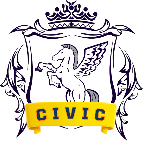 Um brasão em vetor, em lineart, com ornamentos ao redor, e uma coroa no topo do escudo, um cavalo de asas no centro do escudo, um banner amarelo em baixo, em 3D com a escrita: