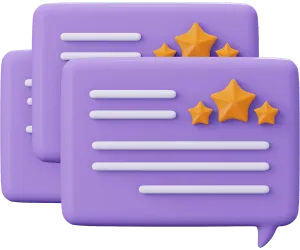 Caixa de diálogo roxa com estrelas amarelas, representando os comentários no Google da Cupcode.