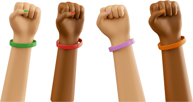Algumas mãos de várias cores, representando os direitos humanos