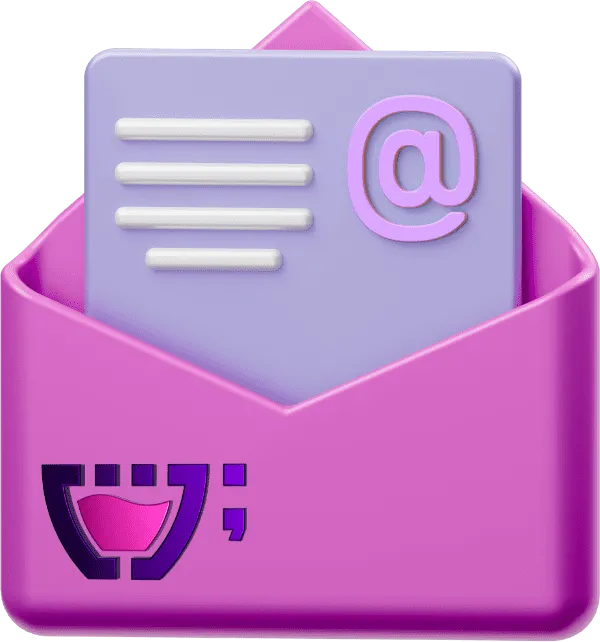 Ícone de um envelope roxo com um documento contendo o símbolo de arroba, simbolizando o e-mail. O logo da Cupcode aparece na parte inferior do envelope. O ícone está sobre um fundo rosa claro com o texto 
