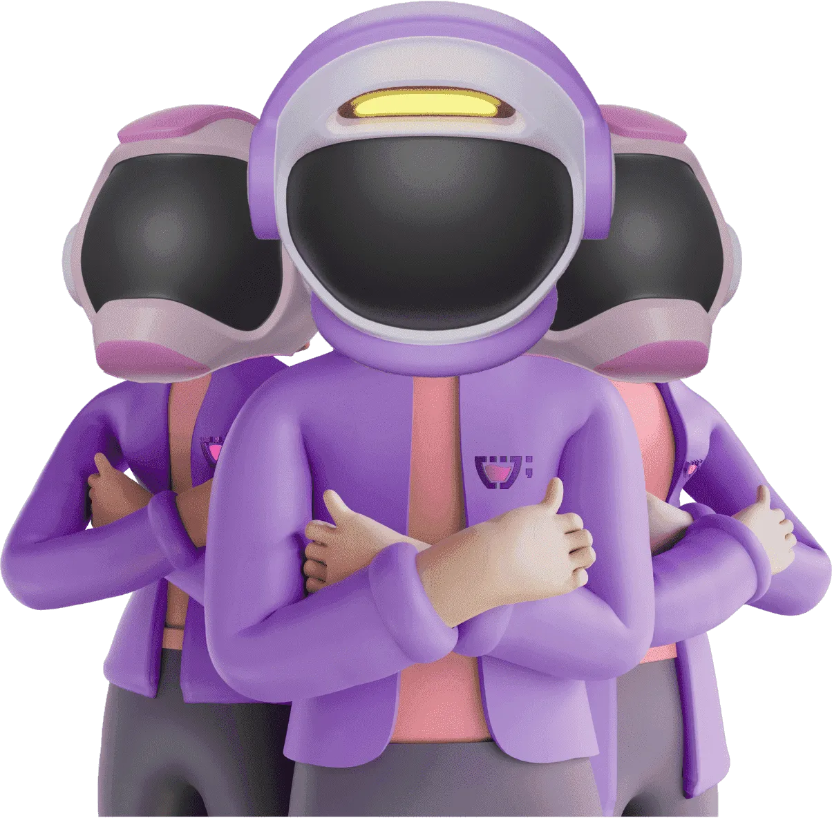 Uma equipe de três astronautas com os braços cruzados e uniformes da Cupcode e seus capacetes.