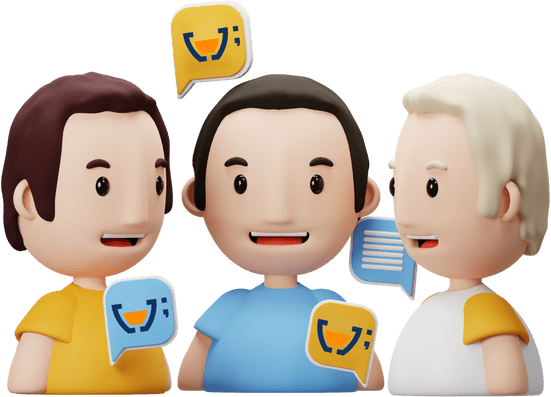 Ilustração 3D de três personagens animados engajados em uma conversa, com balões de fala contendo o logotipo da Cupcode Civic. Eles representam a diversidade e a inclusão na democracia participativa, destacando o diálogo e o intercâmbio de ideias como fundamentais para o engajamento político e a representação cidadã.