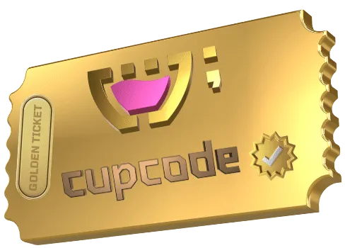 Bilhete dourado em 3D com o logotipo da Cupcode nele. Um símbolo de autêntico em ouro do lado e do outro lado os dizeres: