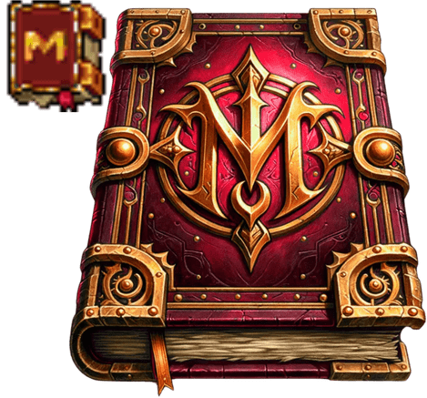 Arte de alta fidelidade de um livro mágico vermelho do jogo ModukOT, com ornamentos dourados e um emblema