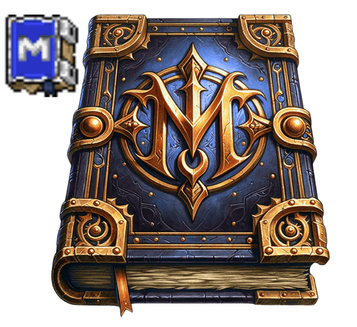 Item do jogo ModukOT, um livro encantado com capa azul e detalhes em bronze, exibindo um monograma