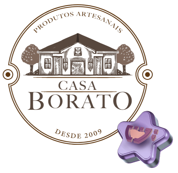 Logotipo da Casa Borato, criado pela Cupcode, uma casa com porta e janelas e uma árvore em cada lado. Em cima está escrito: