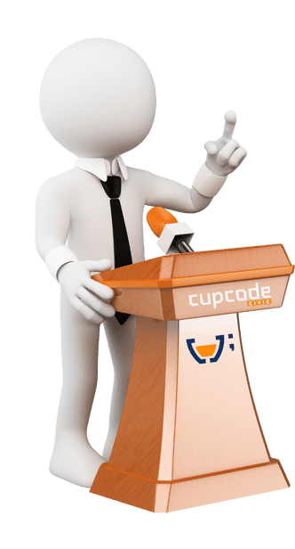 Imagem de um personagem genérico sem rosto, em traje formal com gravata, gesticulando enquanto está atrás de um púlpito de madeira com o logo da Cupcode. O púlpito está posicionado contra um fundo laranja vibrante, representando a comunicação direta e eficaz de políticos em mandato com o seu eleitorado.