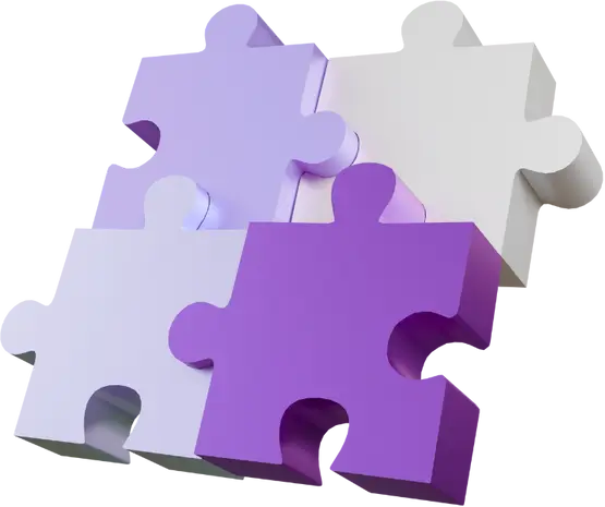 Quatro peças de peças de quebra-cabeça são montadas nas cores roxo, branco, e lilás.