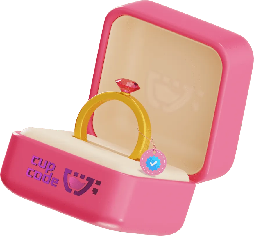 Uma caixa com a logo da cupcode com um anel dentro