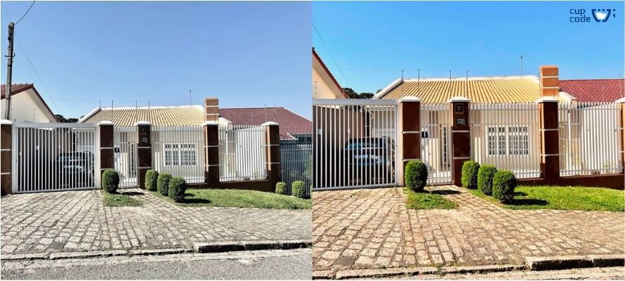 Foto de uma casa térrea antes e depois da edição de imagem pela Cupcode para a Santa Sé Imóveis, destacando um telhado mais destacado e um céu mais claro, visando um aspecto mais atraente para a visualização online.
